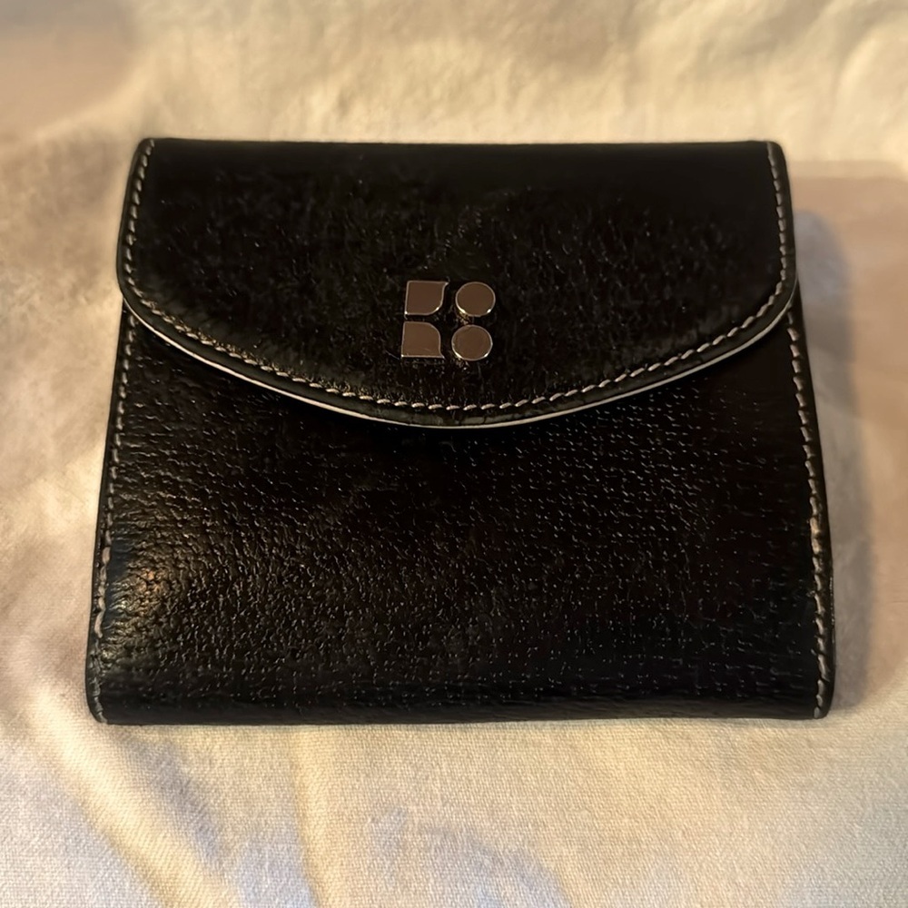 kate spade Black Leather Compact Wallet with Silver Logo